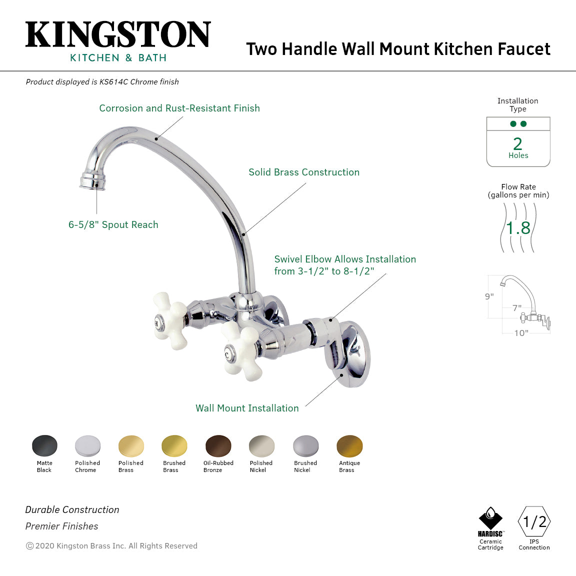 Kingston Heirloom KS614ORB - Kingston Two-Handle 2-Hole Wall Mount Bridge Kitchen Faucet, Oil Rubbed Bronze — thumbnail 2